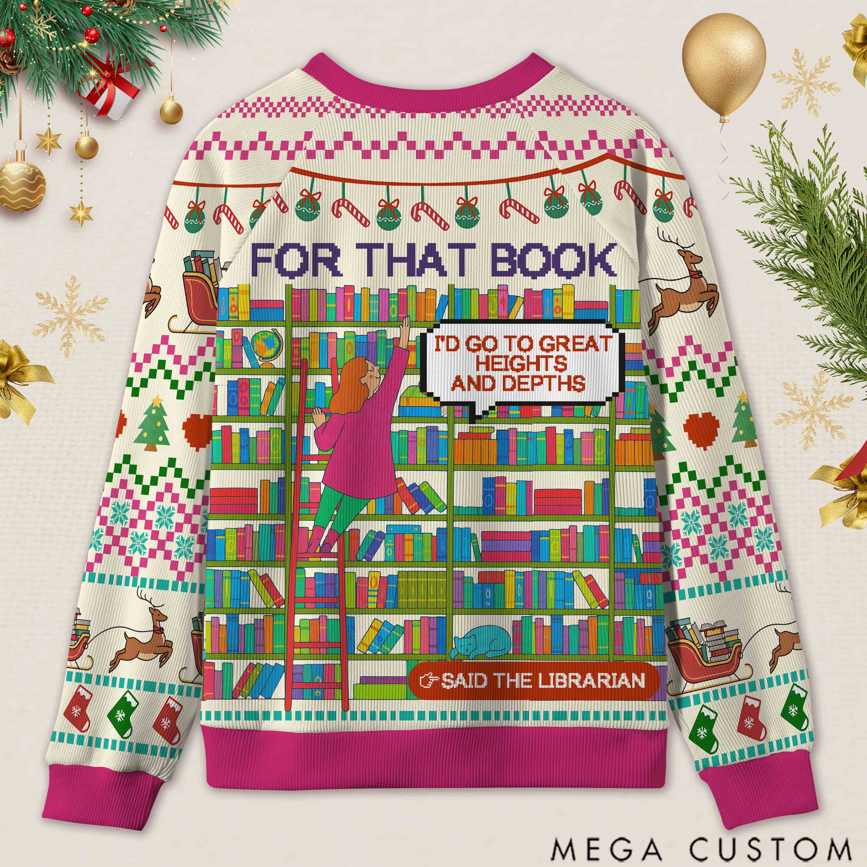 Personalized Library Slogan Witty Ugly Sweater Holiday Gift for Librarians