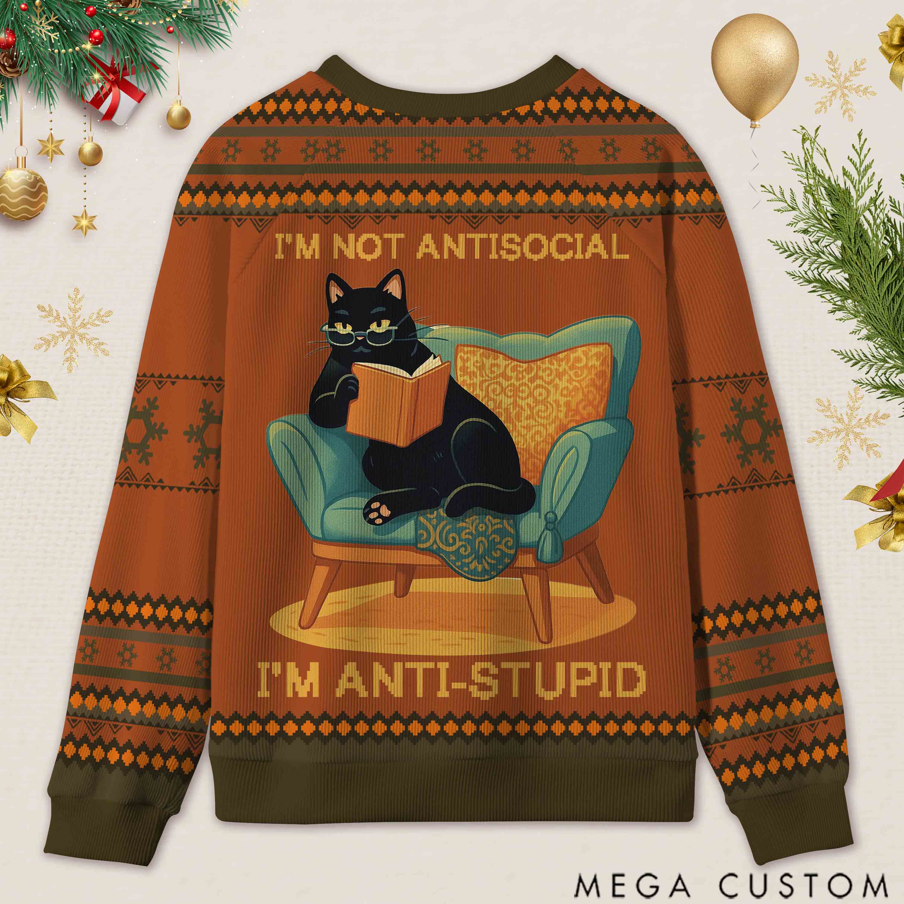 Personalized Wise Bookish Cat Reading Ugly Sweater Holiday Gift for Book Lovers