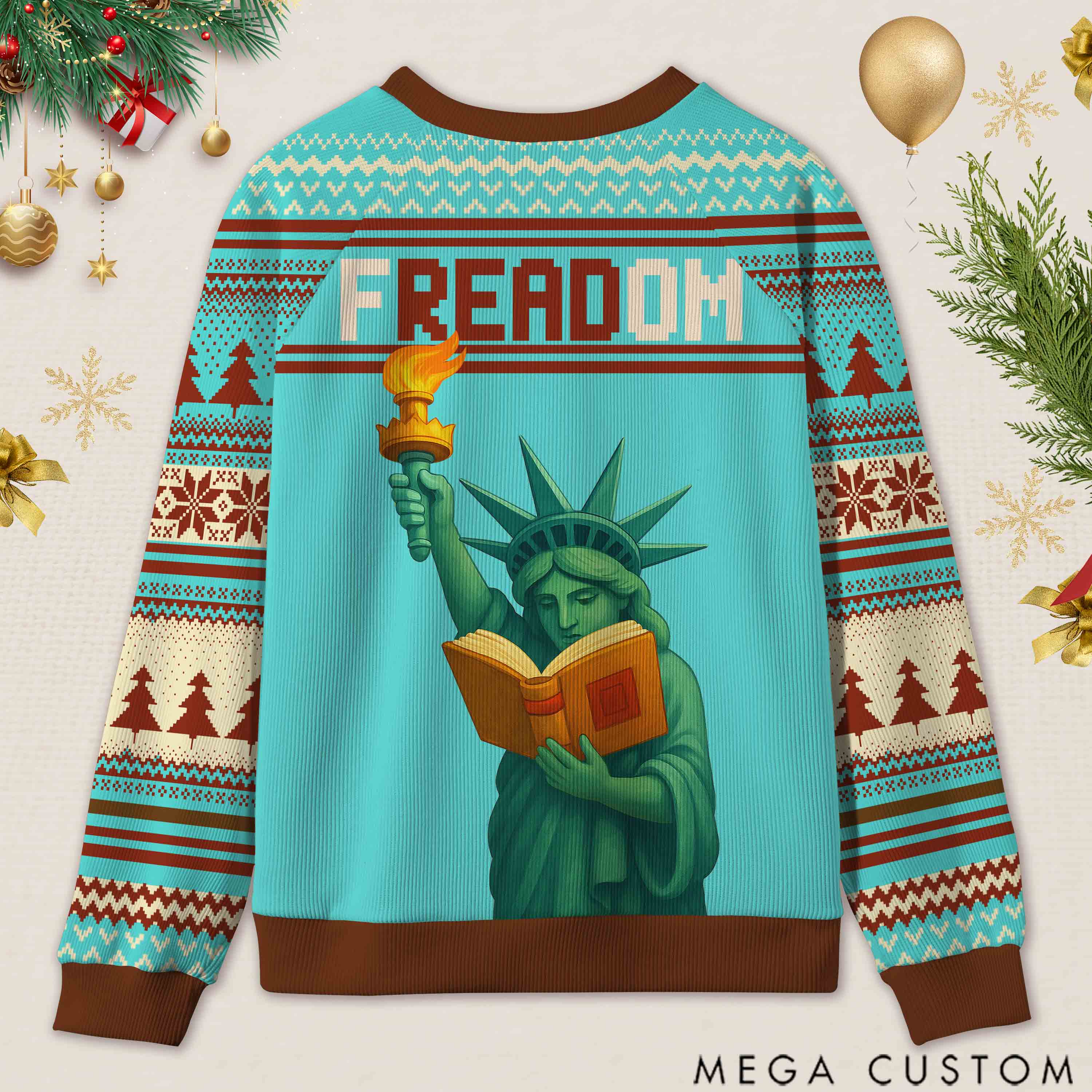 Personalized Reading Freedom Statue Fun Ugly Sweater Holiday Gift for Book Lovers