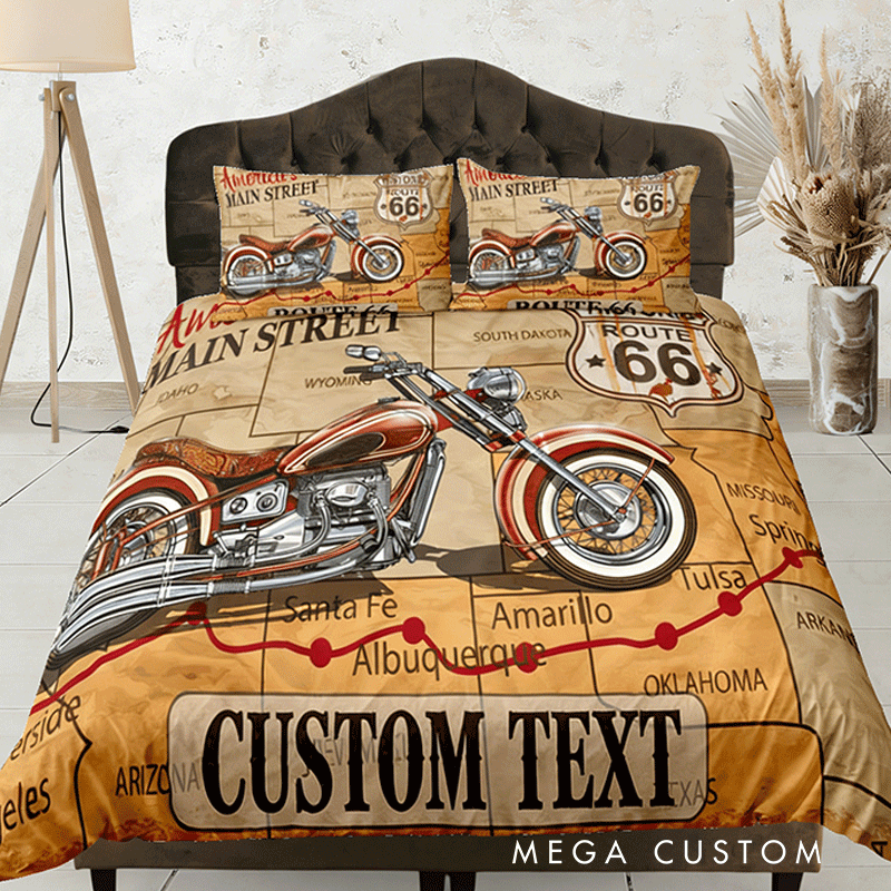Personalized Retro Route Motorcycle Duvet Cover Custom Name Bedding Quilt Cover Gift