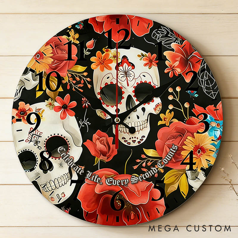 Personalized Skull Couple Celebrate Life Every Second Counts Wall Clock Custom Retro Gothic Style 3D Effect Wall Clock Anniversary Valentines Day Gift