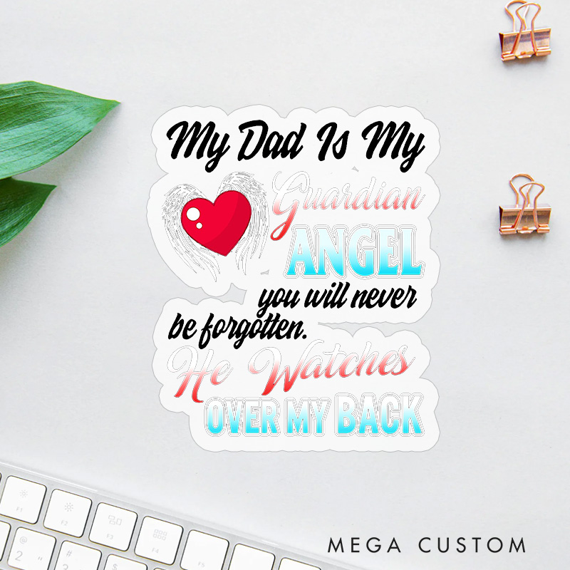 Personalized Dad Memorial Sticker Guardian Angel Winged Heart Watches Over Sympathy Gift Loss of Father