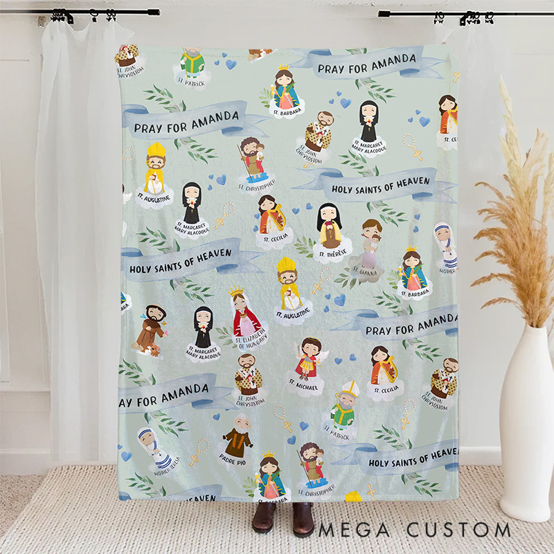 Personalized Holy Saints of Heaven Cartoon Soft Blanket with Name Religion Home Decor Prayer Gift for Kids Catholics