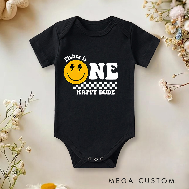 Personalized One Happy Dude Birthday Smiley Face Baby Onesie Birthday Gift for Baby