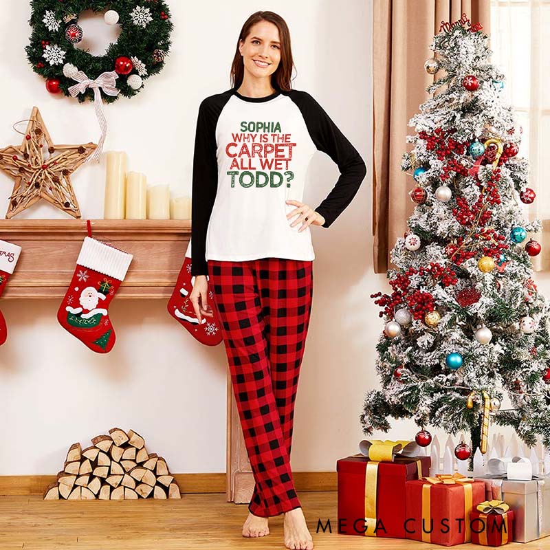 Personalized Couple Vintage I Don’t Know and Why Is the Carpet All Wet Xmas Pajamas Christmas Pjs for Husband Wife Boyfriend Girlfriend