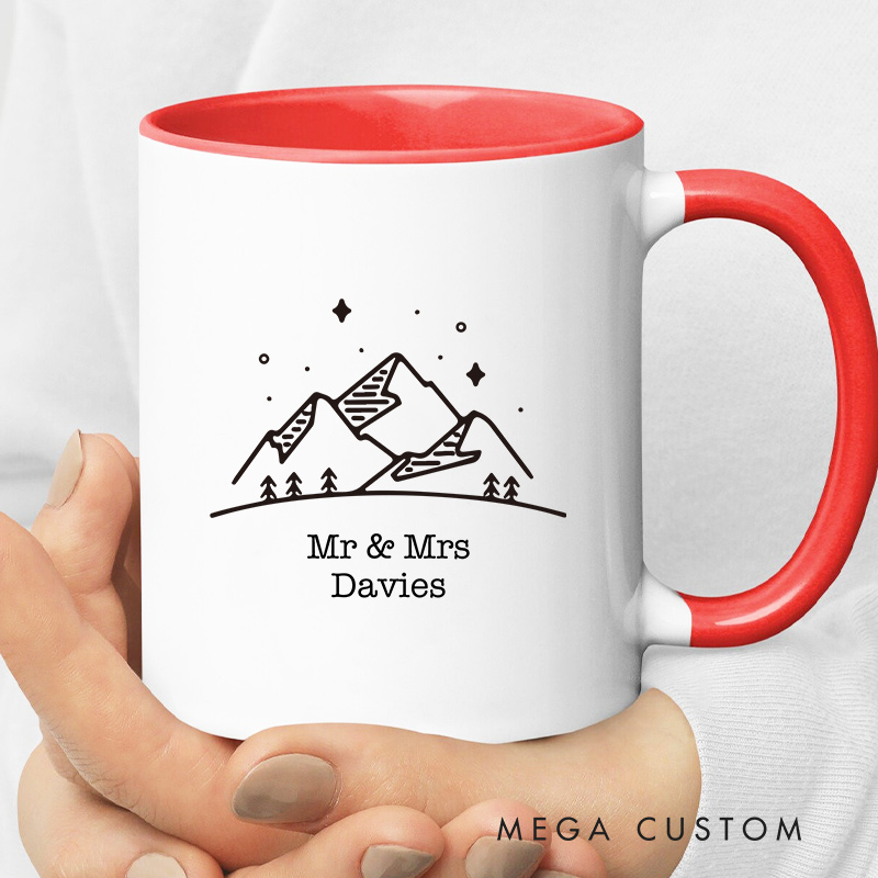 Personalized Mountain Adventure Wedding Mug Coffee Mug for Husband Wife Couple Ceramic Mug for Newlywed Couple Anniversary Gift
