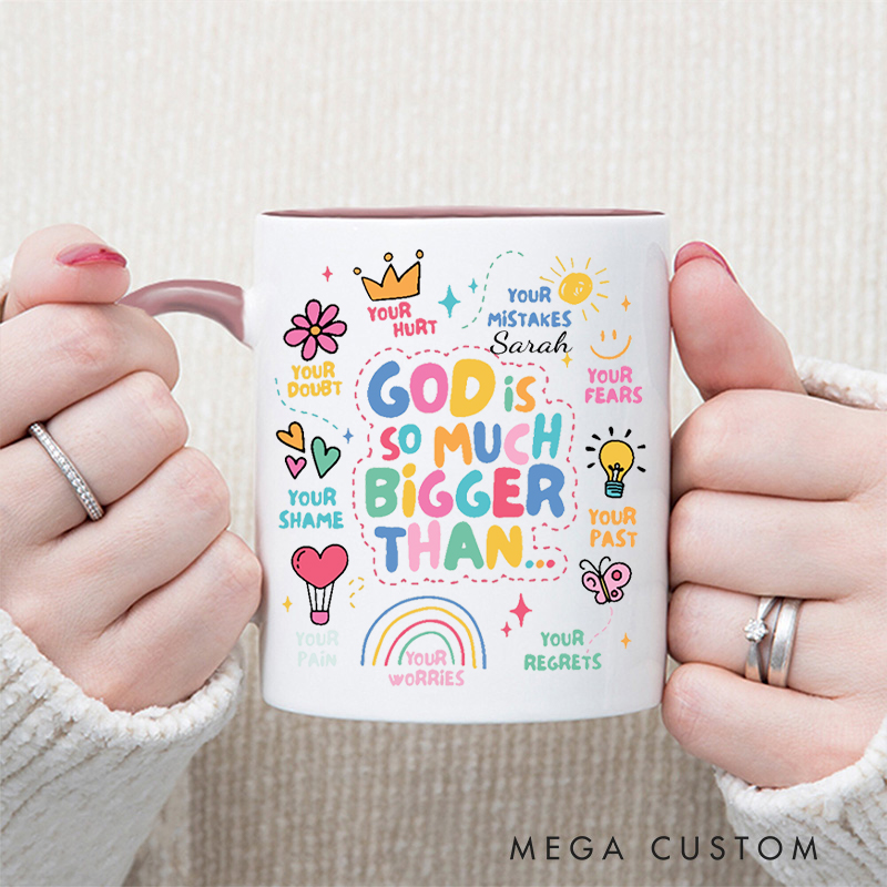 Personalized God Is Bigger Bible Verse Inner Color Ceramic Mug with Name Birthday Religious Inspirational Gift for Christian