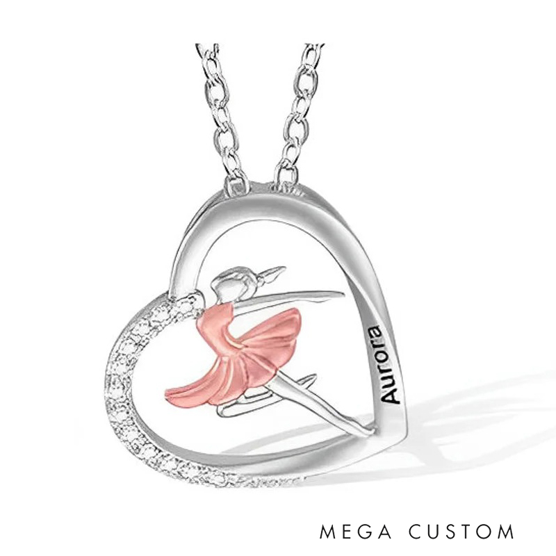 Personalized Ballet Dancing Girl Necklace with Zircon and Engraved Name Heart Pendant Jewelry Gift for Ballerina Dance Lover for Women Girls