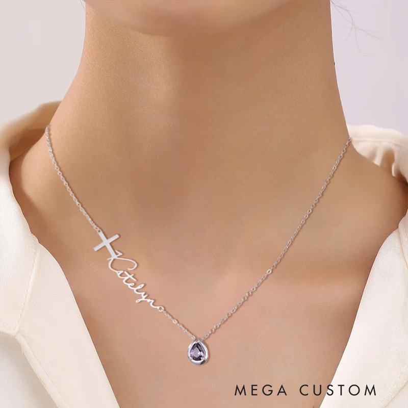 Personalized Dainty Cross Name Necklace with Drop-Shaped Birthstone Birthday Christian Baptism Gift for Her