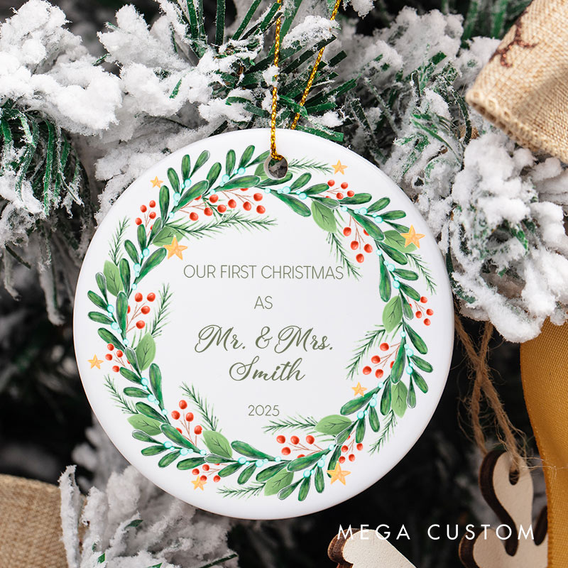 Personalized First Christmas as Mr and Mrs Ornament with Festive Wreath Couple Christmas Ornament for Husband Wife