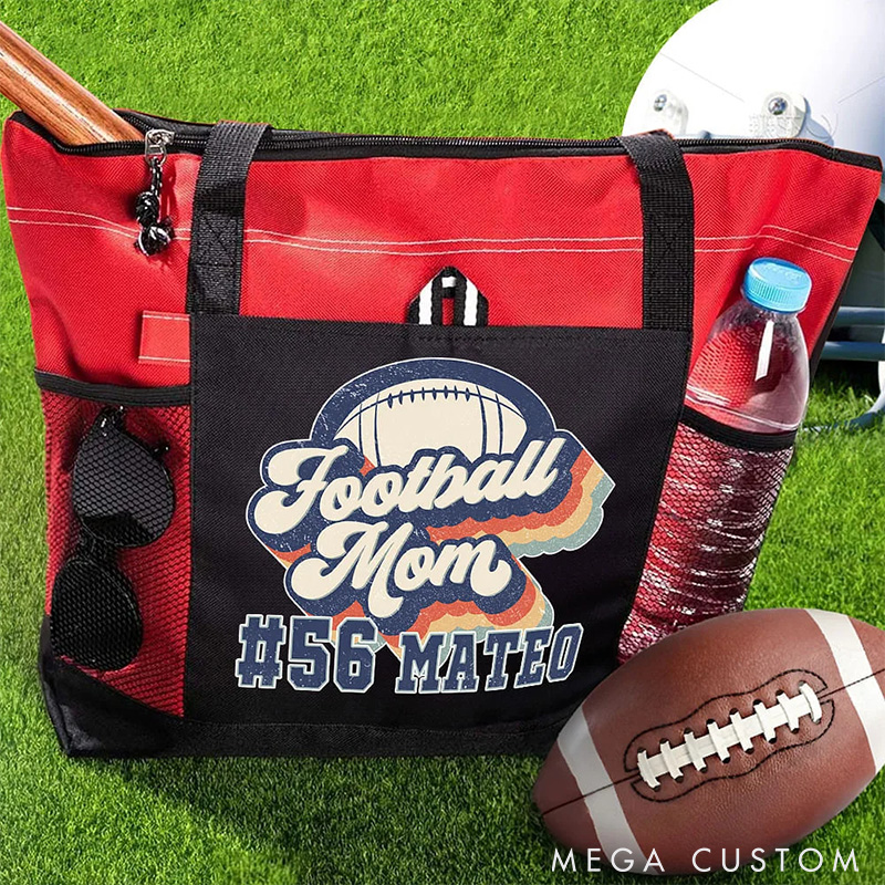 Personalized American Football Mom Tote Bag with Custom Name and Number