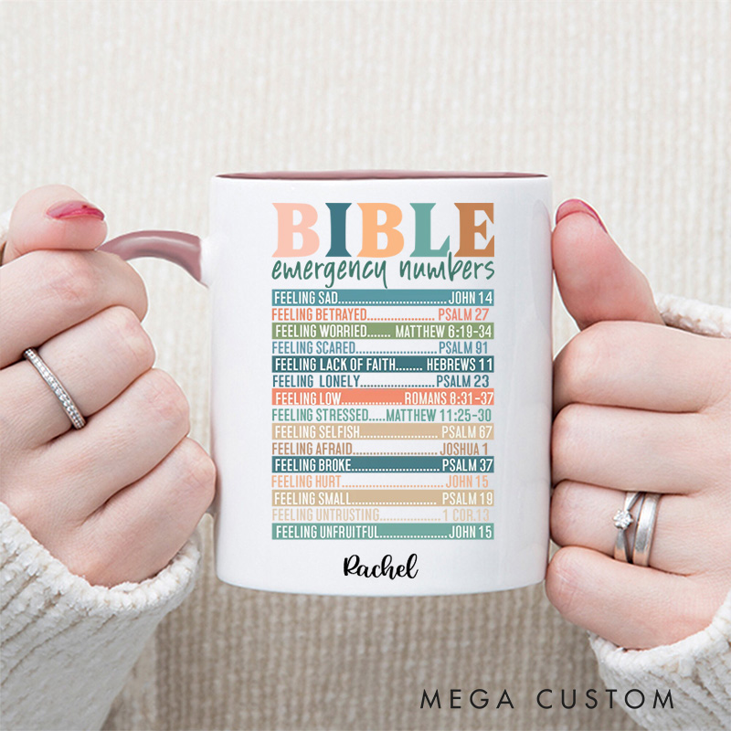 Personalized Multicolor Bible Emergency Numbers Ceramic Inner Color Mug with Name Religious Gift Birthday Gift for Women