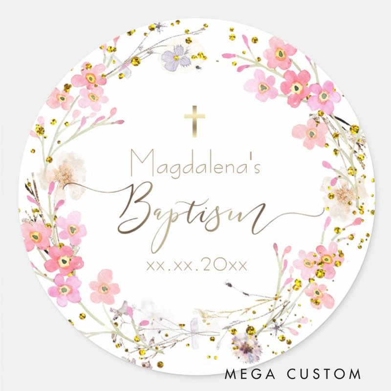 Personalized Flowers Wreath Cross Classic Round Sticker with Name and Date Religious Gift Baptism Gift for Girls