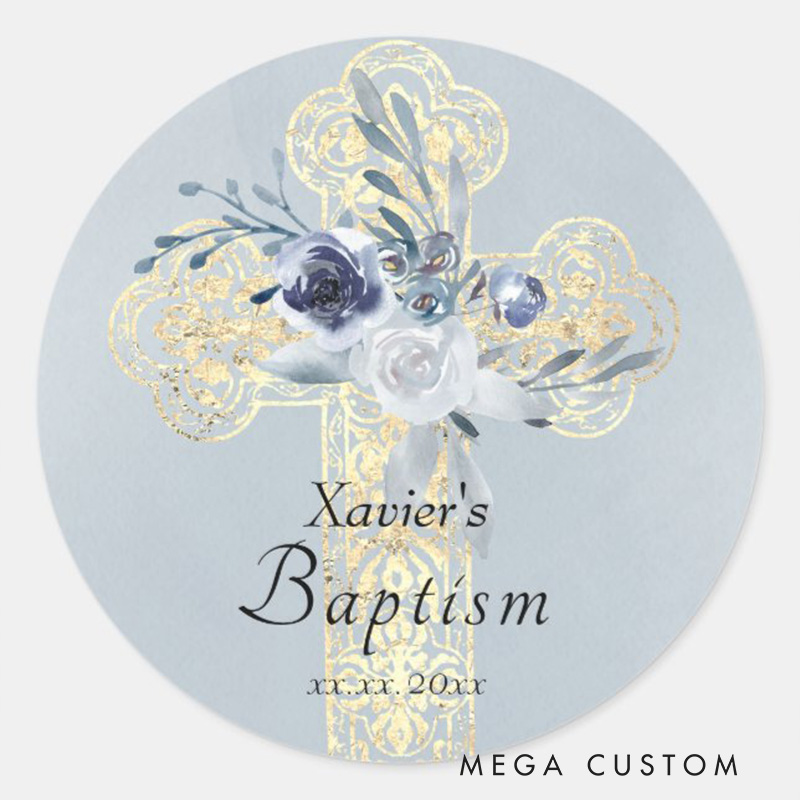 Personalized Floral Cross Classic Round Sticker with Name and Date Religious Gift Baptism Gift for Girls