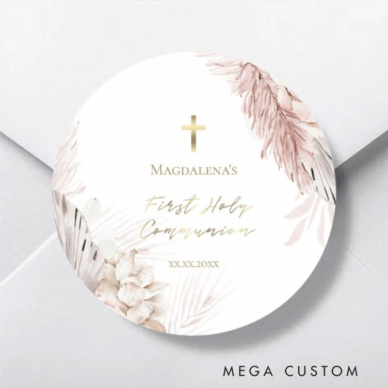 Personalized Boho Flowers with Cross Classic Round Sticker with Name and Date Religious Gift First Holy Communion Gift for Girls