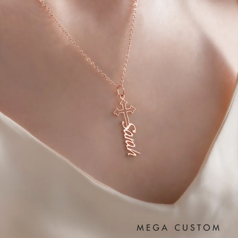 Personalized Holy Cross Necklace with Name Dainty Jewelry Christian Gift Birthday Gift Anniversary Gift for Women