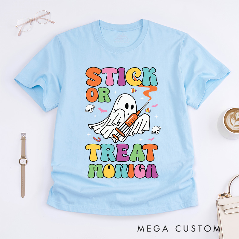 Personalized Nurse T-Shirts Stick or Treat Fashion Design T-Shirts Nurse Halloween Gifts