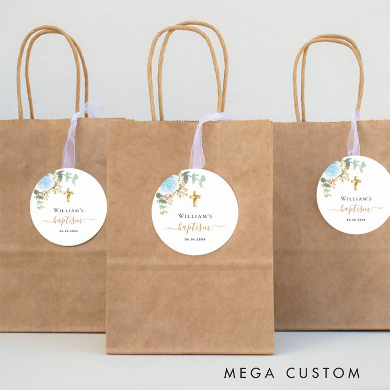 Personalized Eucalyptus Greenery Blue Floral Classic Round Sticker with Name and Date Religious Gift Baptism Gift