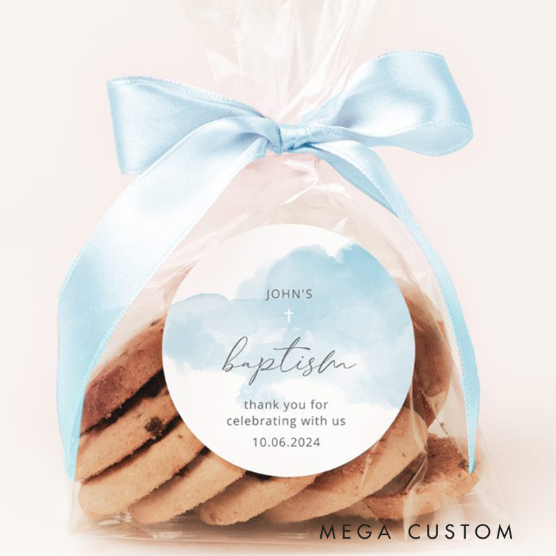 Personalized Minimal Blue Sky Classic Round Sticker with Name and Date Religious Gift Baptism Gift for Boys