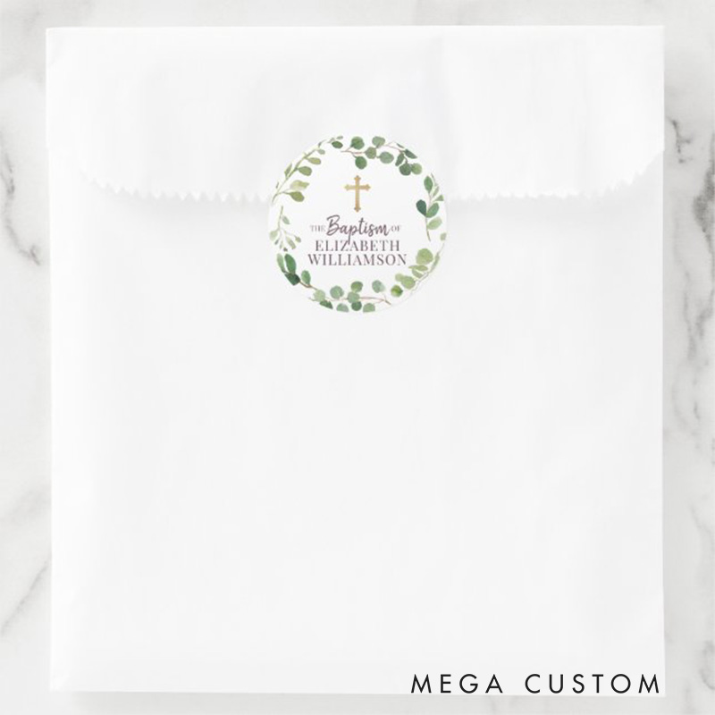 Personalized Watercolor Foliage Botanical Cross Classic Round Sticker with Name Religious Gift Baptism Christening Gift