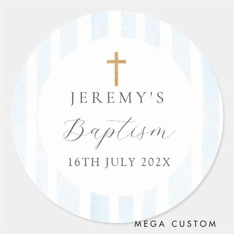 Personalized Blue Watercolor Stripes Classic Round Sticker with Name and Date Religious Gift Baptism Christening Gift for Boys