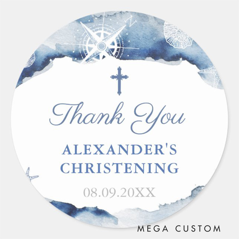 Personalized Navy Blue Nautical Thank you with Cross Classic Round Sticker with Name and Date Religious Gift Baptism Christening Gift for Boys