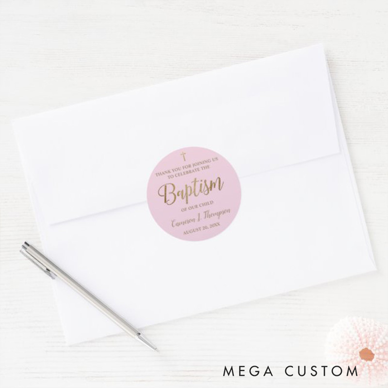 Personalized Gold Pink Thank you Classic Round Sticker with Name and Date Religious Gift Baptism Christening Gift for Girls