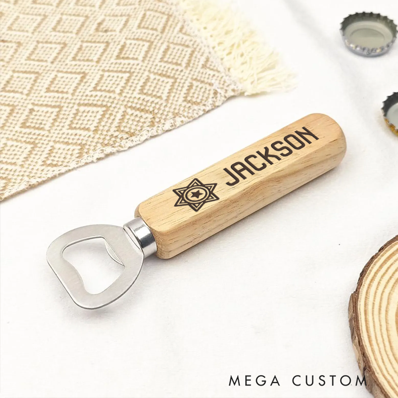 Personalized Wooden Handled Bottle Opener with Custom Police Badge Design Gift for Police Officer
