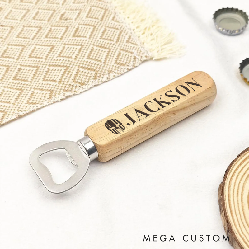 Personalized Wooden Handled Bottle Opener with Engraved Helmet Badge Design Gift for Police Officer