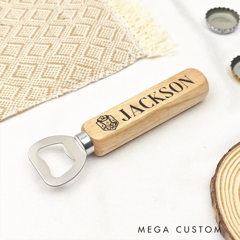 Personalized Wooden Handled Bottle Opener with Engraved Shield Badge Design Gift for Police Officer