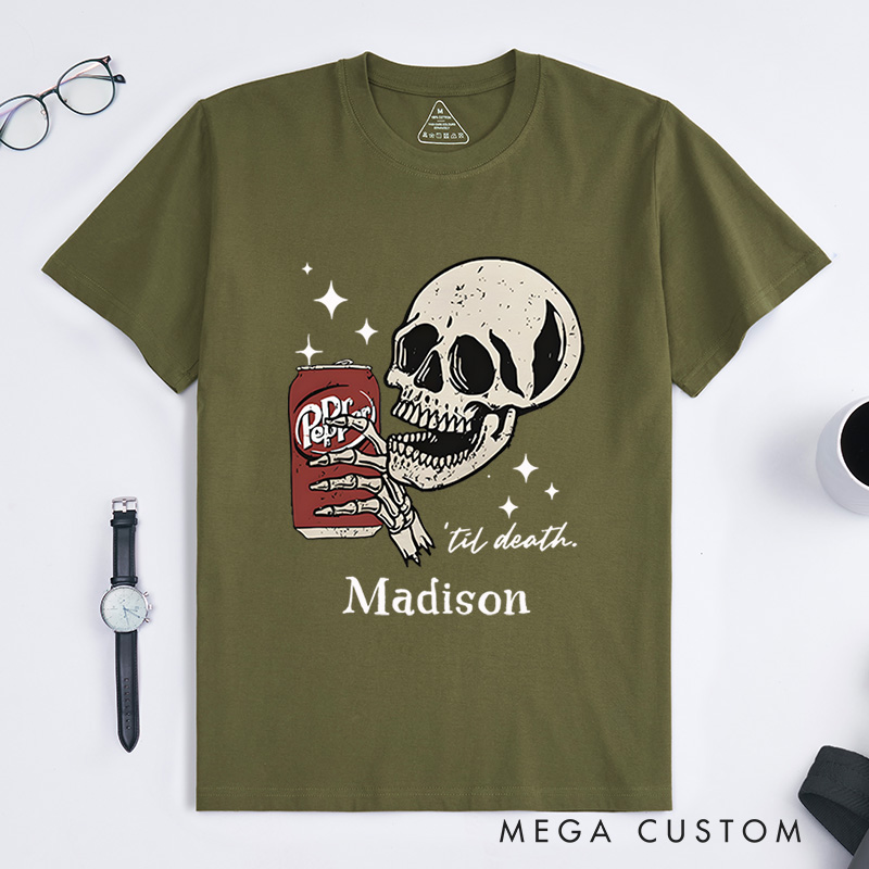 Personalized Skull and Drink Halloween T-Shirt Perfect for Adding a Playful and Spooky Vibe to Outfits T-Shirt