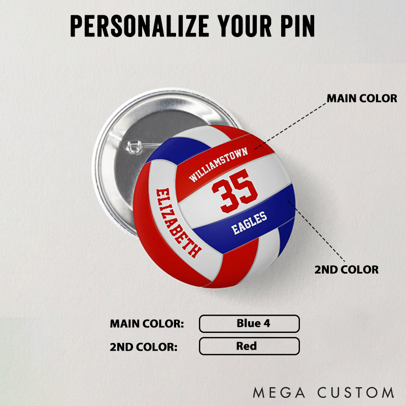 Personalized Team Spirit Volleyball Button Pin with Custom Player Name, Number and Team Name