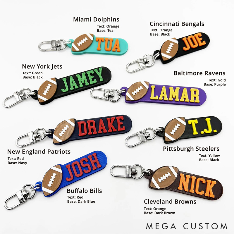 Personalized American Football 3D Printed Hard Plastic Keychains with Custom Your Name and Your Colors