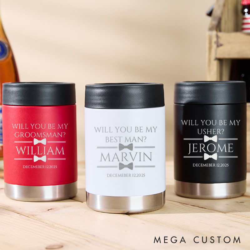 Personalized Wedding Party Can Coolers Groomsman Can Cooler Bachelor Party Keepsakes Tumbler Best Man Beer Can Holder