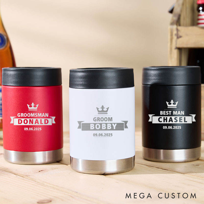 Personalized Wedding Party Can Cooler Grooms Groomsman Can Cooler Holder Stag Keepsakes Can Cooler Bachelor Party Beer Cooler