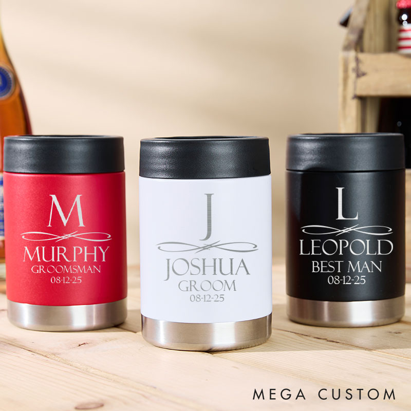 Personalized Initial and Name Wedding Can Cooler Bachelor Party Gifts for Groom Best Man Gift Can Holder Groomsmen Beer Can Cooler