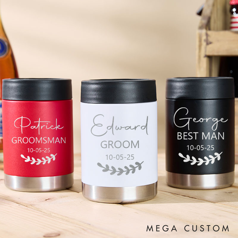 Personalized Groomsmen Can Cooler Elegant Initial and Name Wedding Can Coolers Bachelor Party Favors Can Holder