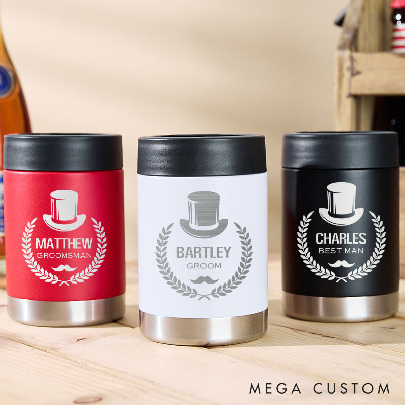 Personalized Groomsmen Can Cooler Engraved Groom Beer Can Holder Wedding Party Can Cooler for Him Men’s Can Cooler