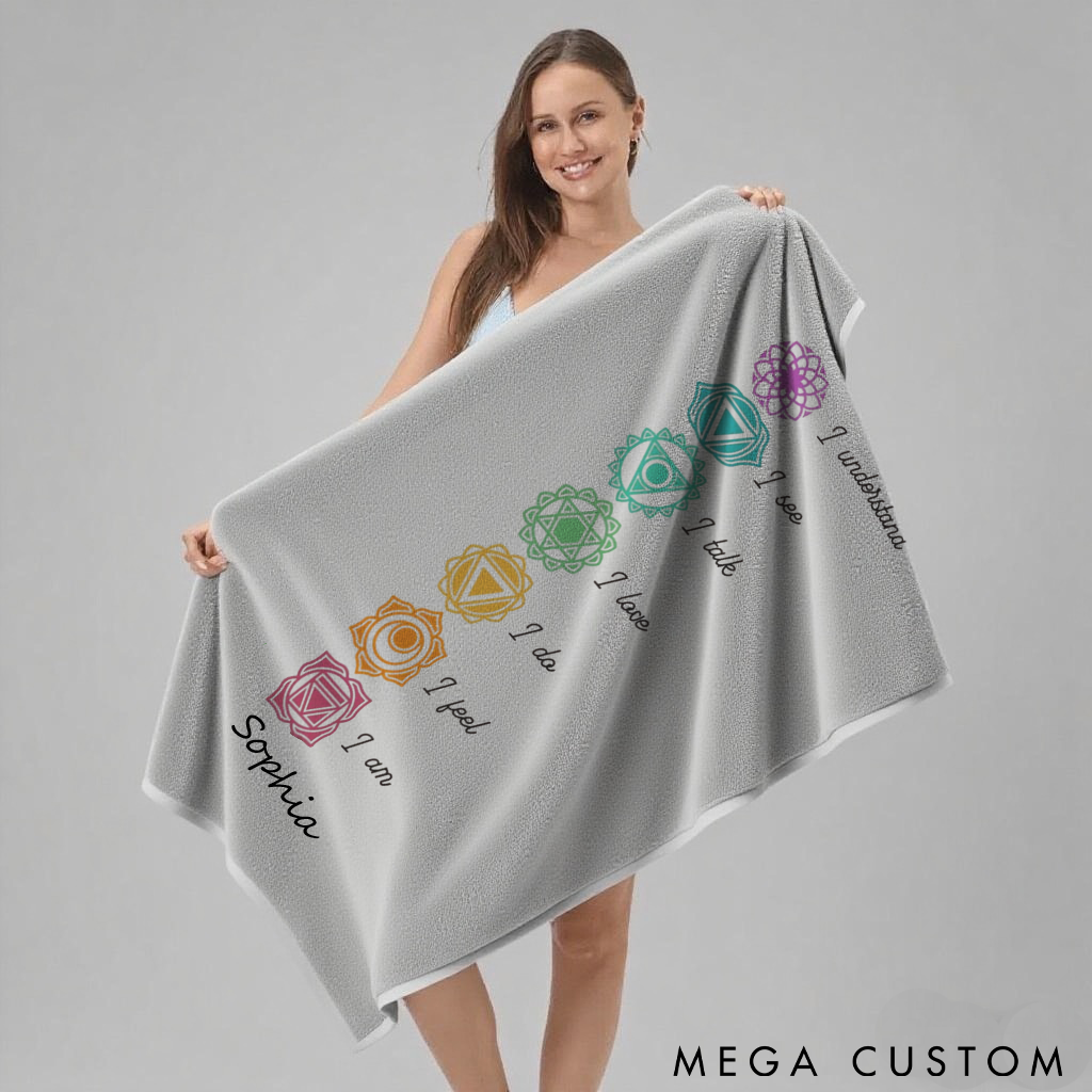 Personalized Chakra Yoga Beach Towel with Seven Chakra Design and Positive Quotes Perfect Gift for Yoga Lover
