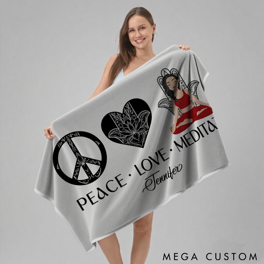 Personalized Peace Love Meditate Beach Towel Perfect Gift for Yoga Lover, Travel and Outdoor Adventures