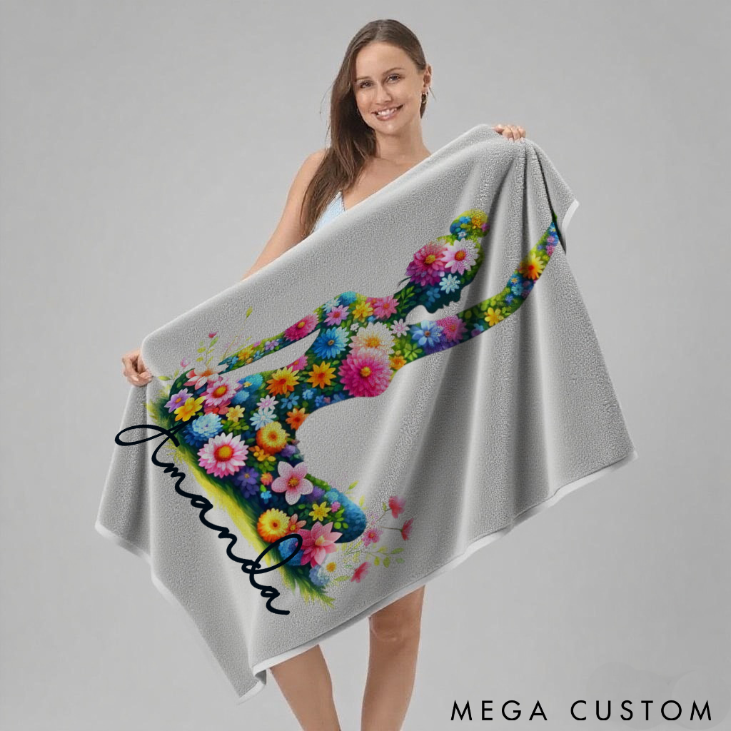 Personalized Floral Yoga Superpower Towel with Vibrant Flower Pose Design Perfect Gift for Yoga Lover