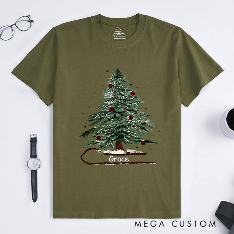 Personalized Festive Christmas Tree with Red Ornaments Christmas T-Shirt
