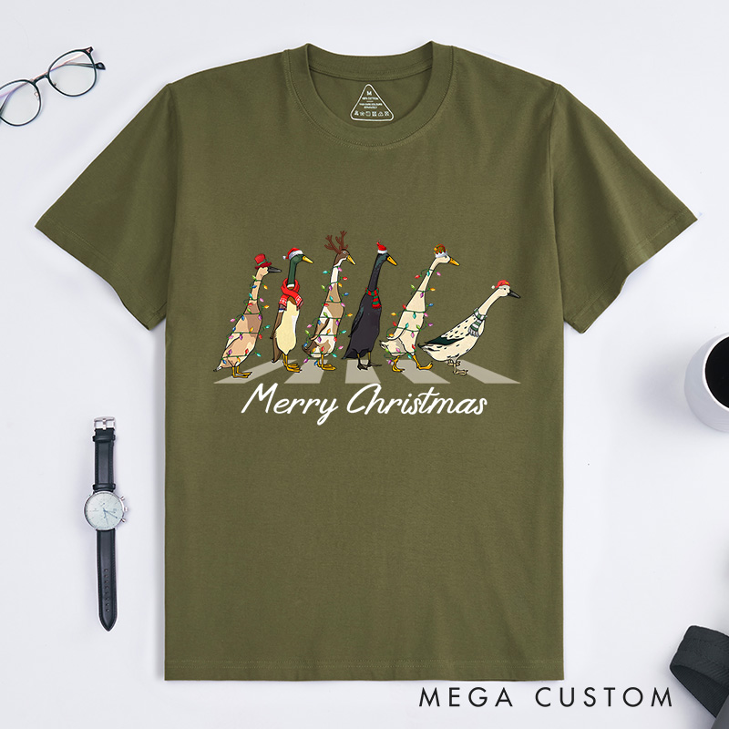 Personalized Geese Walking with Christmas Lights and Hats Christmas T-Shirt