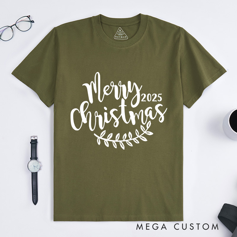 Personalized Merry Christmas Leaf Accent Christmas T-Shirt
