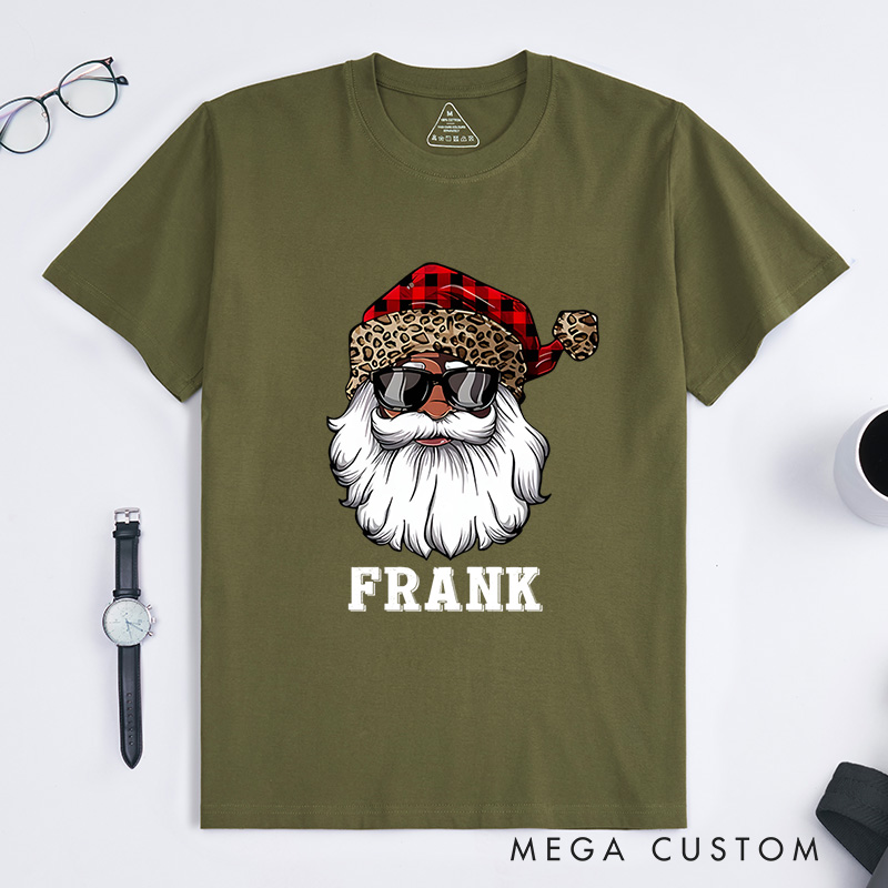 Personalized Santa with Plaid and Leopard Print Hat Christmas T-Shirt