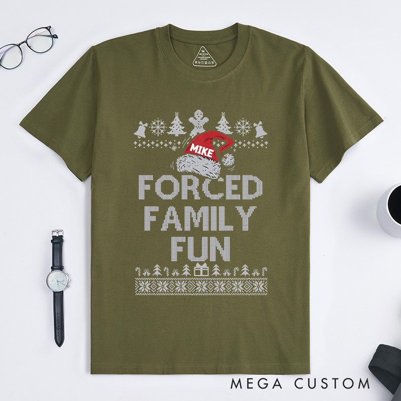 Personalized Forced Family Fun with Santa Hat and Holiday Patterns Christmas T-Shirt