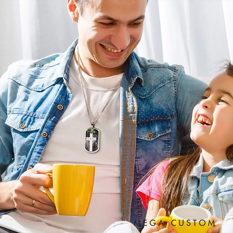 Personalized Photo Cross Dog Tag Necklace with Engraved Text Father's Day Gift Anniversary Gift Birthday Gift for Men Christian Gift