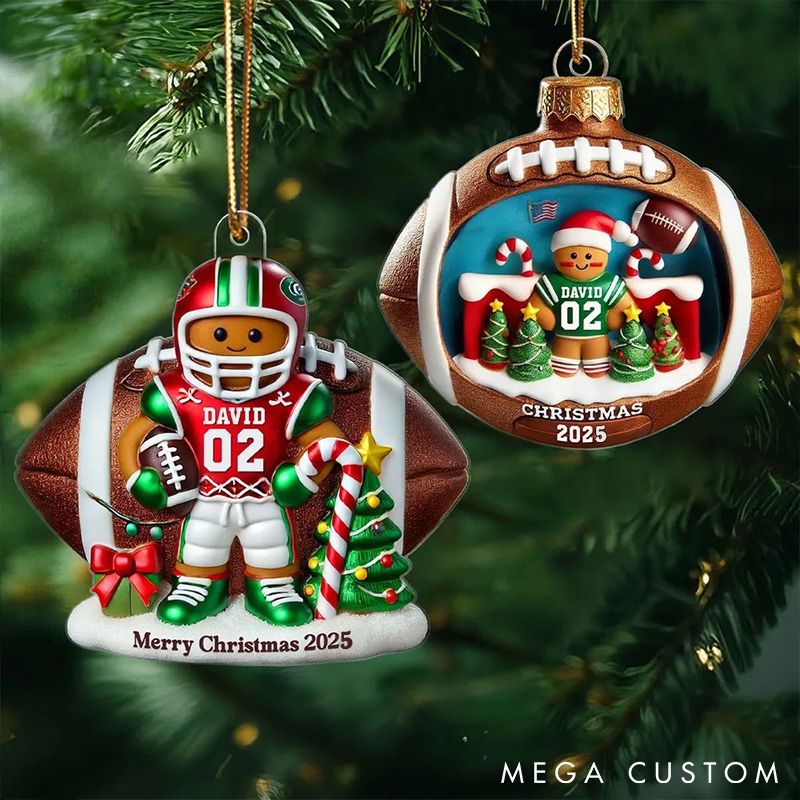 Personalized American Football Gingerbread Figure Acrylic Ornament with Custom Player Name and Number for Football Player 