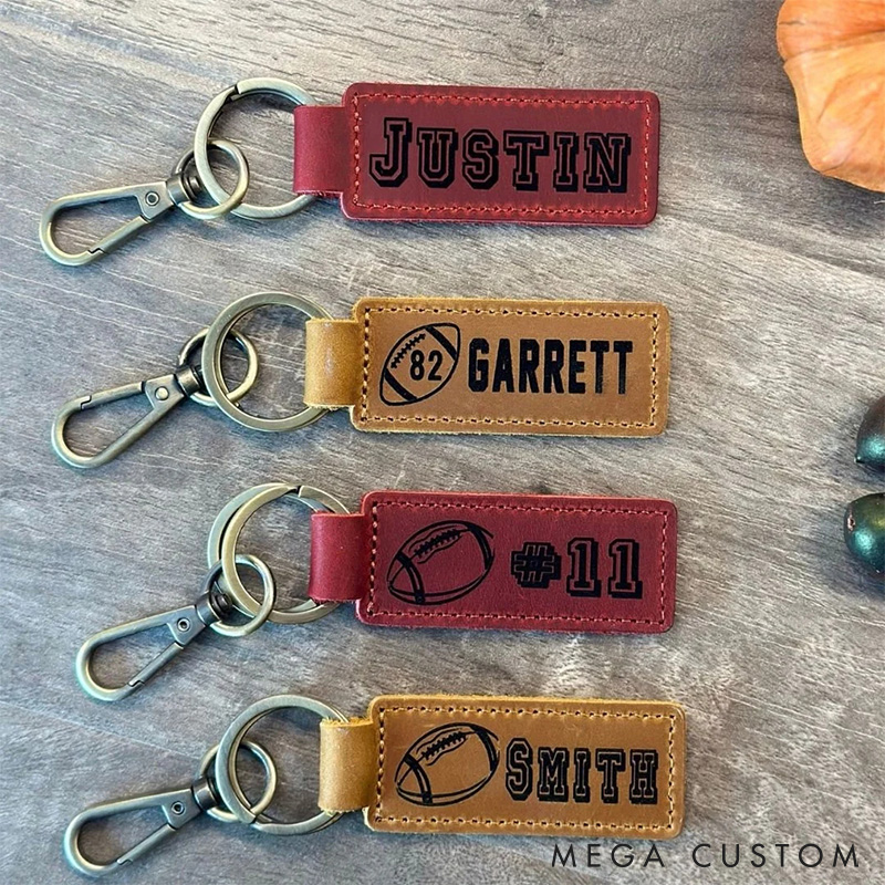 Personalized American Football Leather Keychain with Custom Text