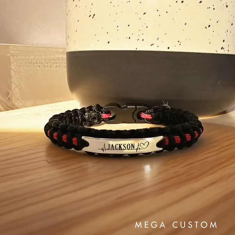 Personalized Thin Red Line Paracord Bracelet with Heartbeat Design Gift for Firefighters